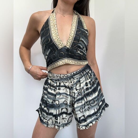 Black Silk Two Piece Halter Top & Short Set Handmade Indian Tribal Print Size S - Picture 2 of 16